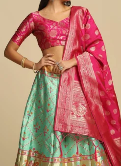 Pista Green Jacquard Silk Weaving Work Umbrella Lehenga Party Wear