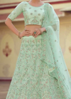 Pista Green Net Embroidered N Sequins Umbrella Lehenga Wedding Wear