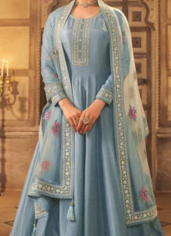 Prachi Desai Sky Blue Dola Silk Embroidered Anarkali Suit Party Wear