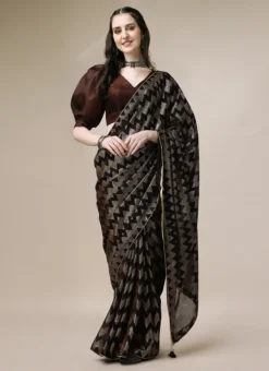 Printed Work Brown N Grey Color Lyrcra Saree Party Wear -Mahra Clothing Shop printed work brown n grey color lyrcra saree sasbhlos5102b u