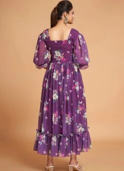 Purple Georgette Digital Print Fit And Flare Dress After Six Wear -Mahra Clothing Shop purple georgette digital print fit and flare dress drsacw9021 b