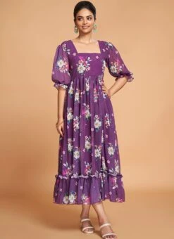 Purple Georgette Digital Print Fit And Flare Dress After Six Wear -Mahra Clothing Shop purple georgette digital print fit and flare dress drsacw9021 u