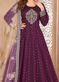 Purple Taffeta Embroidered Stones Anarkali Suit Party Wear