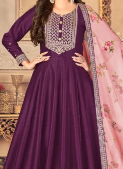 Purple Tussar Silk Embroidery Anarkali Suit Party Wear