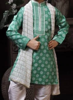 Rama Green Cotton Printed Boys Kurta Pyjama Party Wear