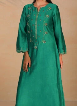 Rama Green Pure Chanderi Silk Embroidered Kurta Semi Palazzo Set Party Wear