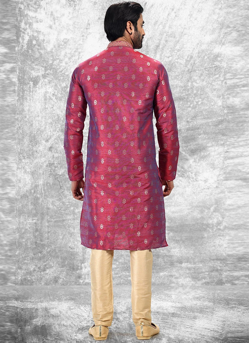 Rani Pink Blue Silk Jacquard N Brocade Work Kurta Pyjama Party Wear 3 Rani Pink Blue Silk Jacquard N Brocade Work Kurta Pyjama Party Wear - Image 3