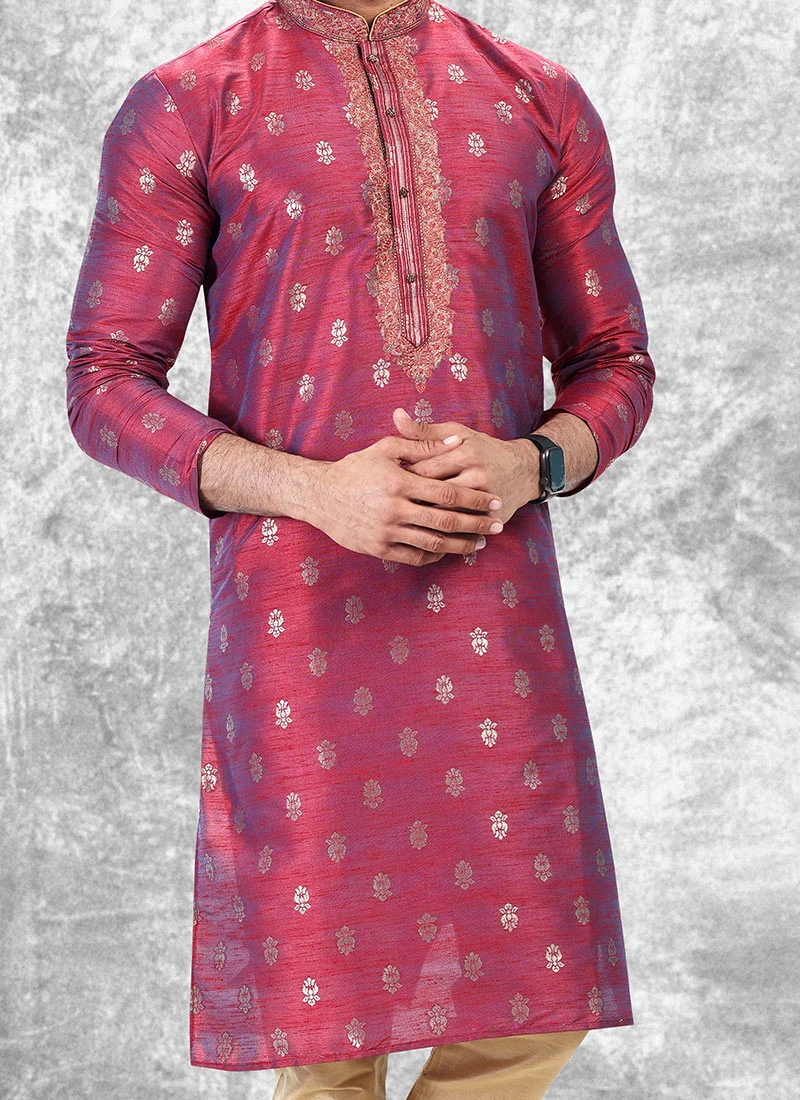 Rani Pink Blue Silk Jacquard N Brocade Work Kurta Pyjama Party Wear 1 Rani Pink Blue Silk Jacquard N Brocade Work Kurta Pyjama Party Wear