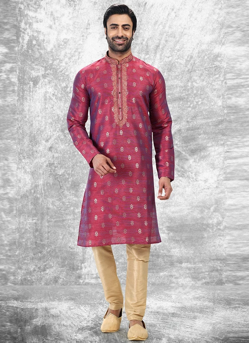 Rani Pink Blue Silk Jacquard N Brocade Work Kurta Pyjama Party Wear 2 Rani Pink Blue Silk Jacquard N Brocade Work Kurta Pyjama Party Wear - Image 2