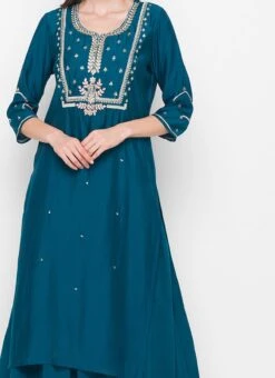 Readymade Teal Modal Silk Sequin Embroidery Kurta Palazzo Set Work Wear