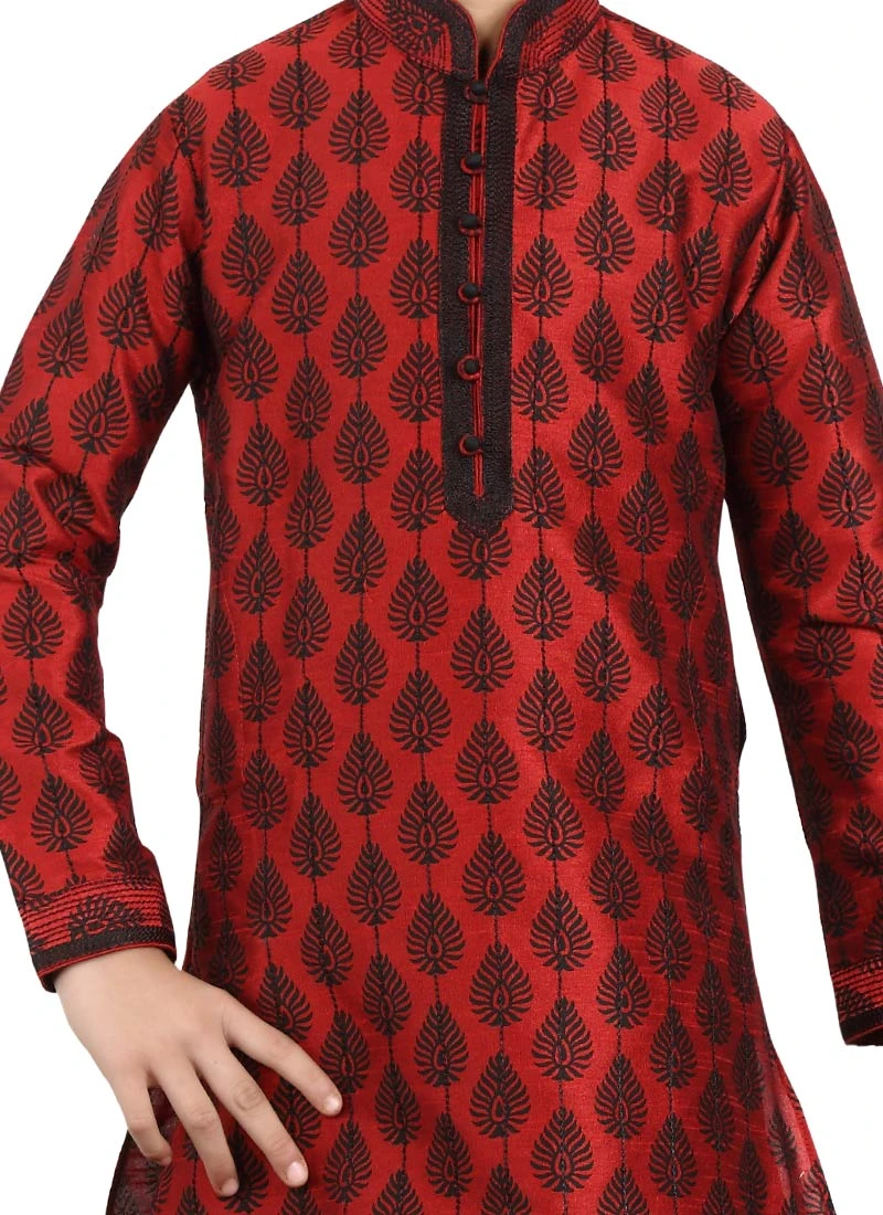 Red Art Silk Teens Kurta Pyjama 1 Red Art Silk Teens Kurta Pyjama