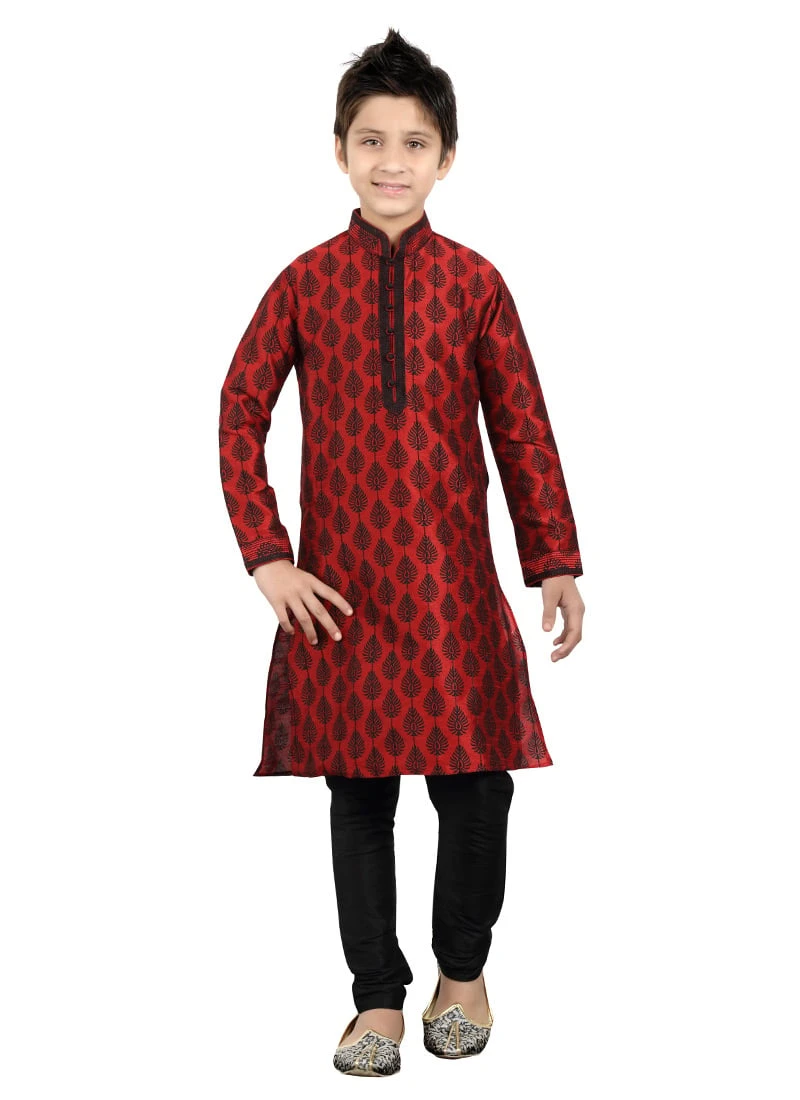 Red Art Silk Teens Kurta Pyjama 3 Red Art Silk Teens Kurta Pyjama - Image 3