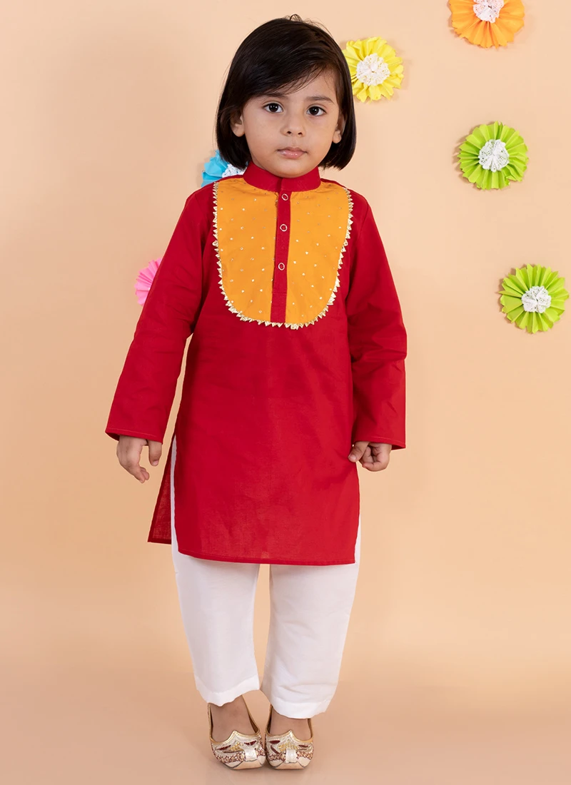 Red Cotton Kids Boys Kurta Pyjama Party Wear 2 Red Cotton Kids Boys Kurta Pyjama Party Wear - Image 2
