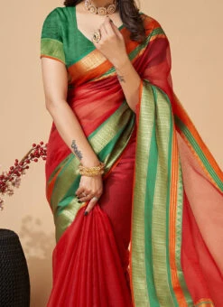Red Cotton Kota Saree Festive Wear