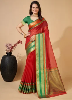 Red Cotton Kota Saree Festive Wear -Mahra Clothing Shop red cotton kota saree sasacw9513 u