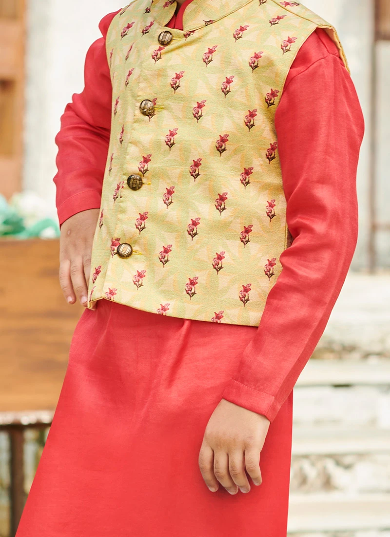 Red Cotton Silk Boys Kurta Pyjama 1 Red Cotton Silk Boys Kurta Pyjama
