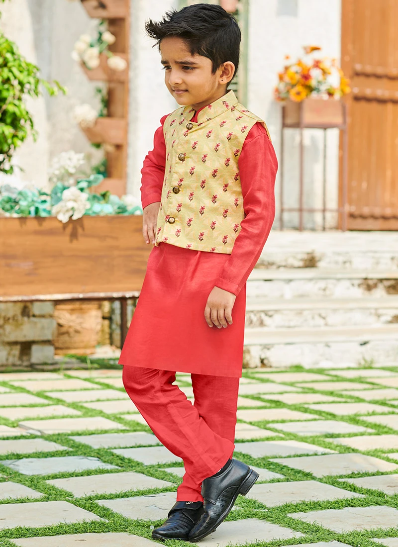 Red Cotton Silk Boys Kurta Pyjama 2 Red Cotton Silk Boys Kurta Pyjama - Image 2