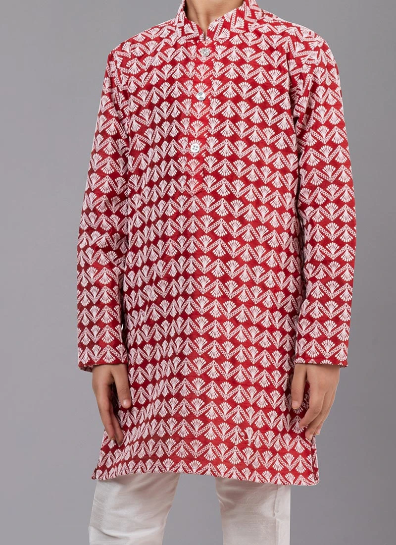 Red Cotton Silk Embroidered Kurta Pyjama Party Wear 1 Red Cotton Silk Embroidered Kurta Pyjama Party Wear