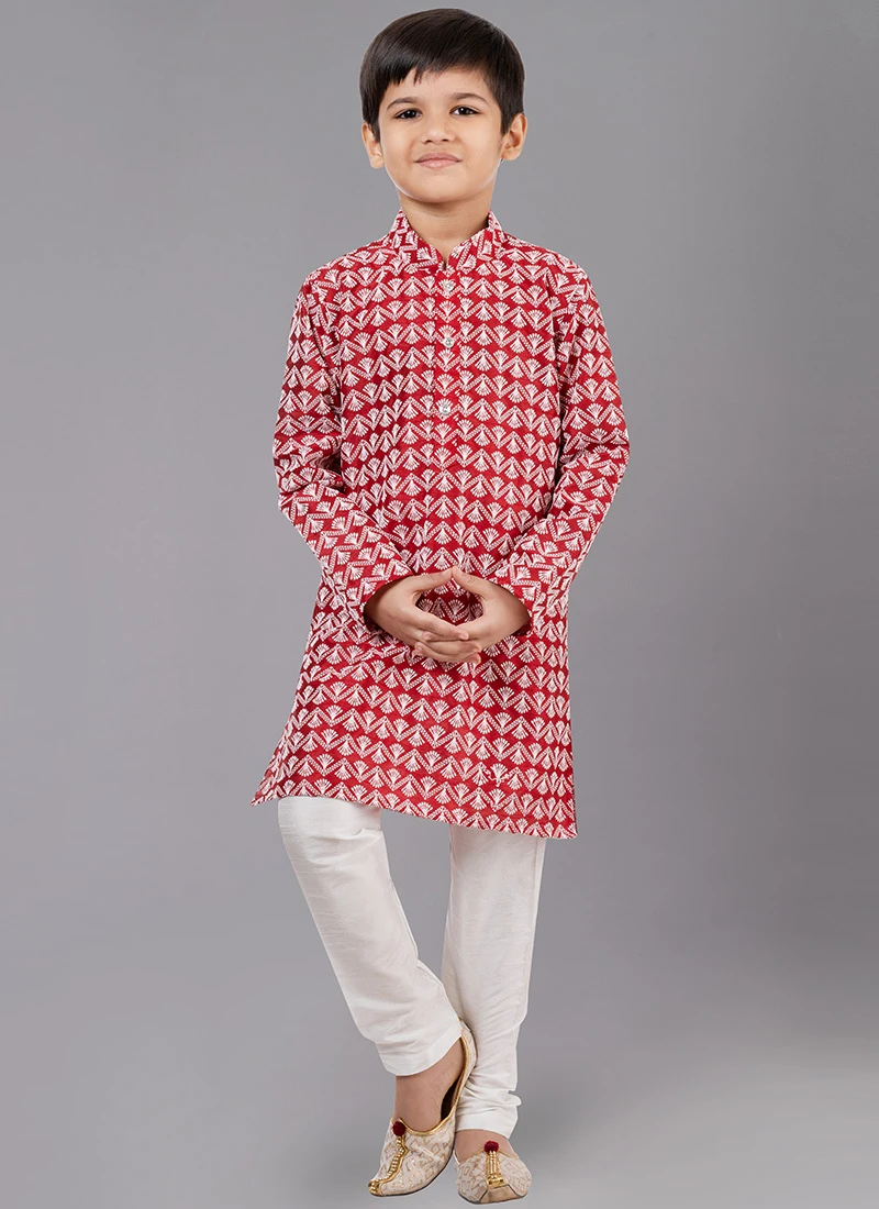 Red Cotton Silk Embroidered Kurta Pyjama Party Wear 2 Red Cotton Silk Embroidered Kurta Pyjama Party Wear - Image 2