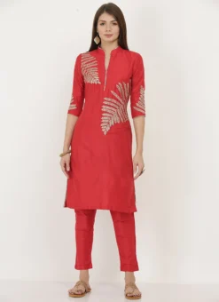 Red Cotton Silk Embroidered Kurta Straight Pant Set After Six Wear -Mahra Clothing Shop red cotton silk embroidered kurta straight pant set krsjiw8 u