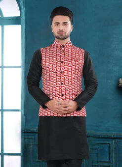 Red Heavy Satin Printed Nehru Jacket -Mahra Clothing Shop red heavy satin printed nehru jacket jmkmdcj531 b