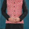 Red Heavy Satin Printed Nehru Jacket