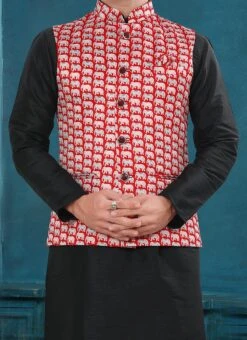 Red Heavy Satin Printed Nehru Jacket