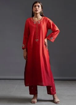Red Maroon Pure Chanderi Silk Embroidered Kurta Semi Palazzo Set Party Wear -Mahra Clothing Shop red maroon pure chanderi silk embroidered kurta semi palazzo set krsdvcsvks32 u