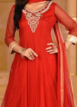 Red Net Embroidery Anarkali Suit Party Wear