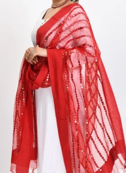 Red Organza Cotton Mirror Embroidery Dupatta Work Wear