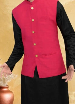 Red Poly Silk Nehru Jacket