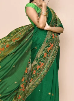 Green Satin Blend Zari Sari Party Wear