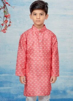 Red Silk Dupion Printed Kids Kurta Pyjama Party Wear -Mahra Clothing Shop red silk dupion printed kids kurta pyjama kdbsgrk728 b