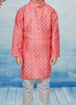 Red Silk Dupion Printed Kids Kurta Pyjama Party Wear