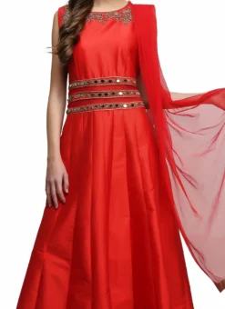 Red Taffeta Mirror Work Anarkali Suit Party Wear