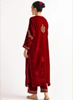 Red Velvet Embroidered Straight Pant Suit Party Wear -Mahra Clothing Shop red velvet embroidered straight pant suit krdvc28 b