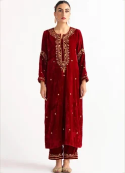 Red Velvet Embroidered Straight Pant Suit Party Wear -Mahra Clothing Shop red velvet embroidered straight pant suit krdvc28 u