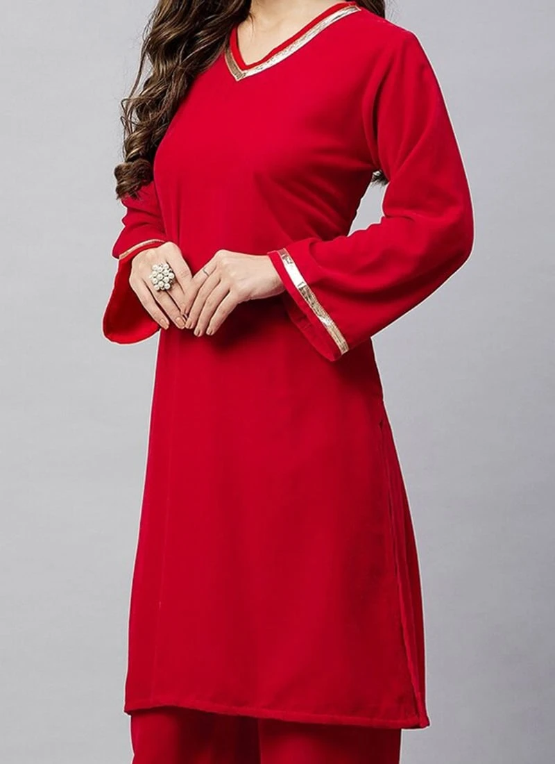 Red Velvet Kurta Palazzo Set Work Wear 1 Red Velvet Kurta Palazzo Set Work Wear