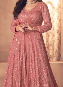 Rose Gold Georgette Sequins Embroidered Long Choli Lehenga Party Wear