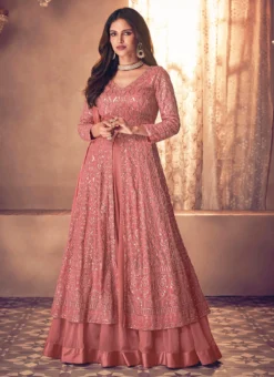 Rose Gold Georgette Sequins Embroidered Long Choli Lehenga Party Wear -Mahra Clothing Shop rose gold georgette sequins embroidered long choli lehenga ghsak3199123 u