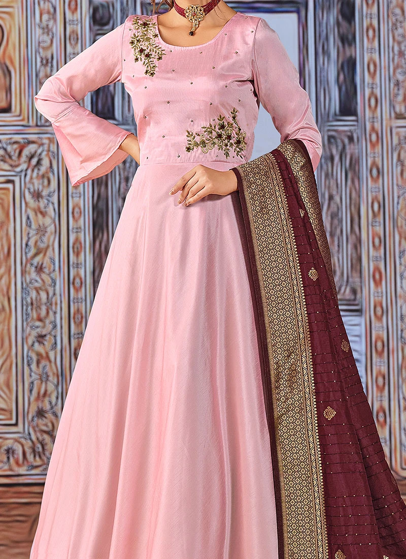 Rose Pink Art Silk Embroidered Anarkali Suit Party Wear 1 Rose Pink Art Silk Embroidered Anarkali Suit Party Wear