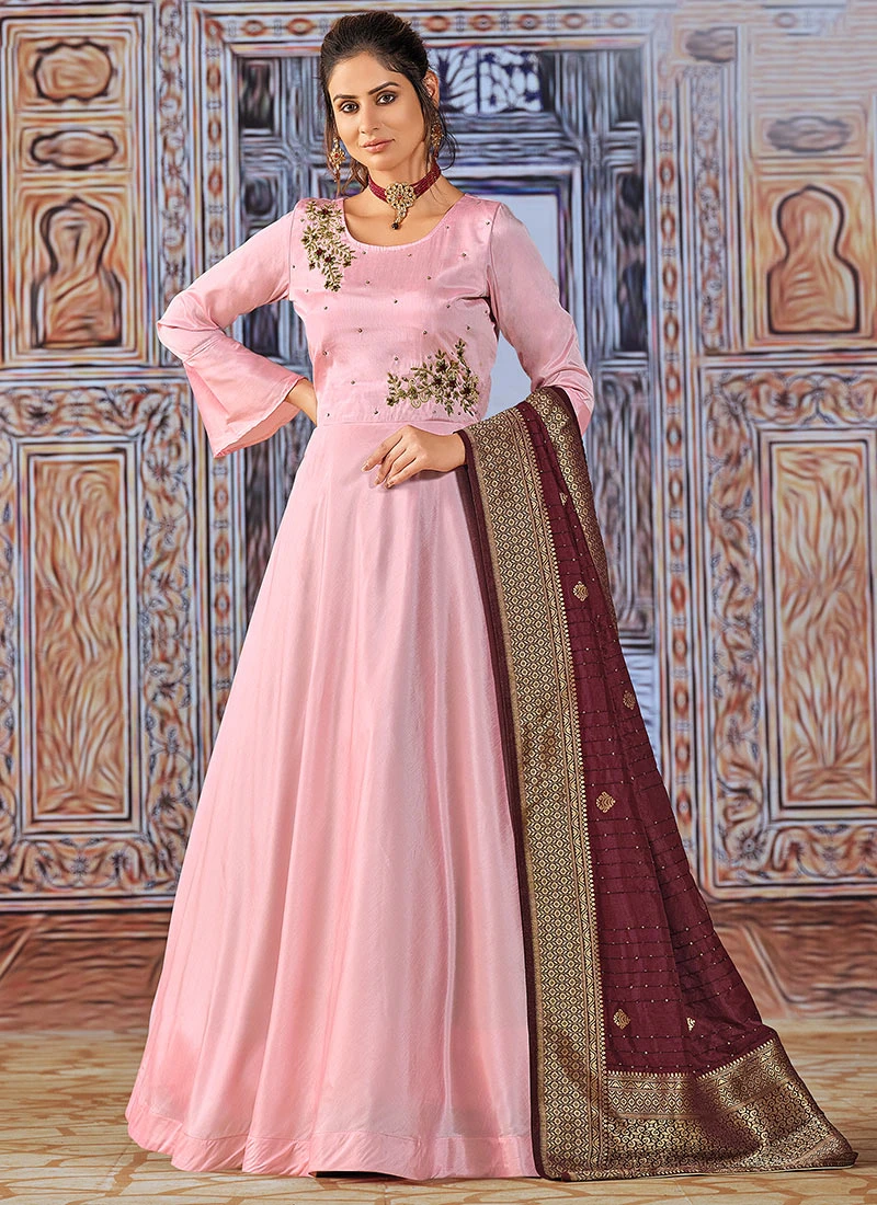 Rose Pink Art Silk Embroidered Anarkali Suit Party Wear 3 Rose Pink Art Silk Embroidered Anarkali Suit Party Wear - Image 3