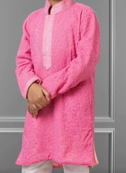Rose Pink Georgette Embroidered Boys Kurta Pyjama Party Wear