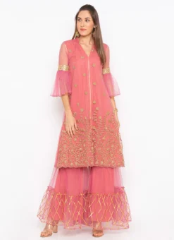 Rose Pink Net Embroidered Kurta Sharara Set After Six Wear -Mahra Clothing Shop rose pink net embroidered kurta sharara set krsmnc2121ks u