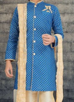 Royal Blue Cotton Kids Boys Indowestern Sherwani Festive Wear