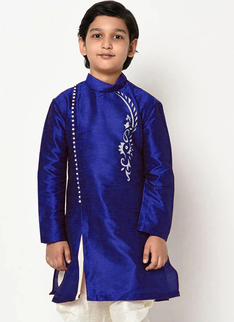 Royal Blue Dupion Silk Embroidered Kurta Pyjama Party Wear 3 Royal Blue Dupion Silk Embroidered Kurta Pyjama Party Wear - Image 3