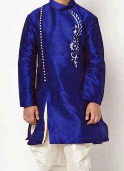 Royal Blue Dupion Silk Embroidered Kurta Pyjama Party Wear