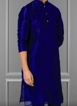 Royal Blue Dupion Silk Soild Plain Kurta Pyjama Party Wear