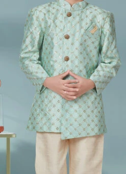 Sea Green Banarasi Silk Sequins Work Indowestern Sherwani Party Wear
