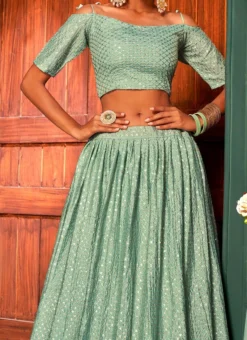 Sea Green Chinon Embroidered N Sequins Umbrella Lehenga Party Wear